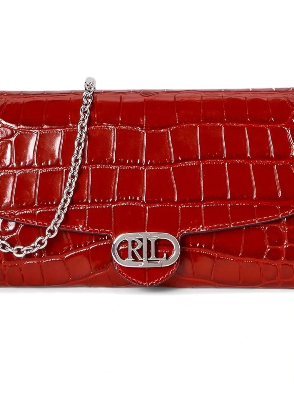 Ralph Lauren Glossy Red Croc-Embossed Chain Clutch